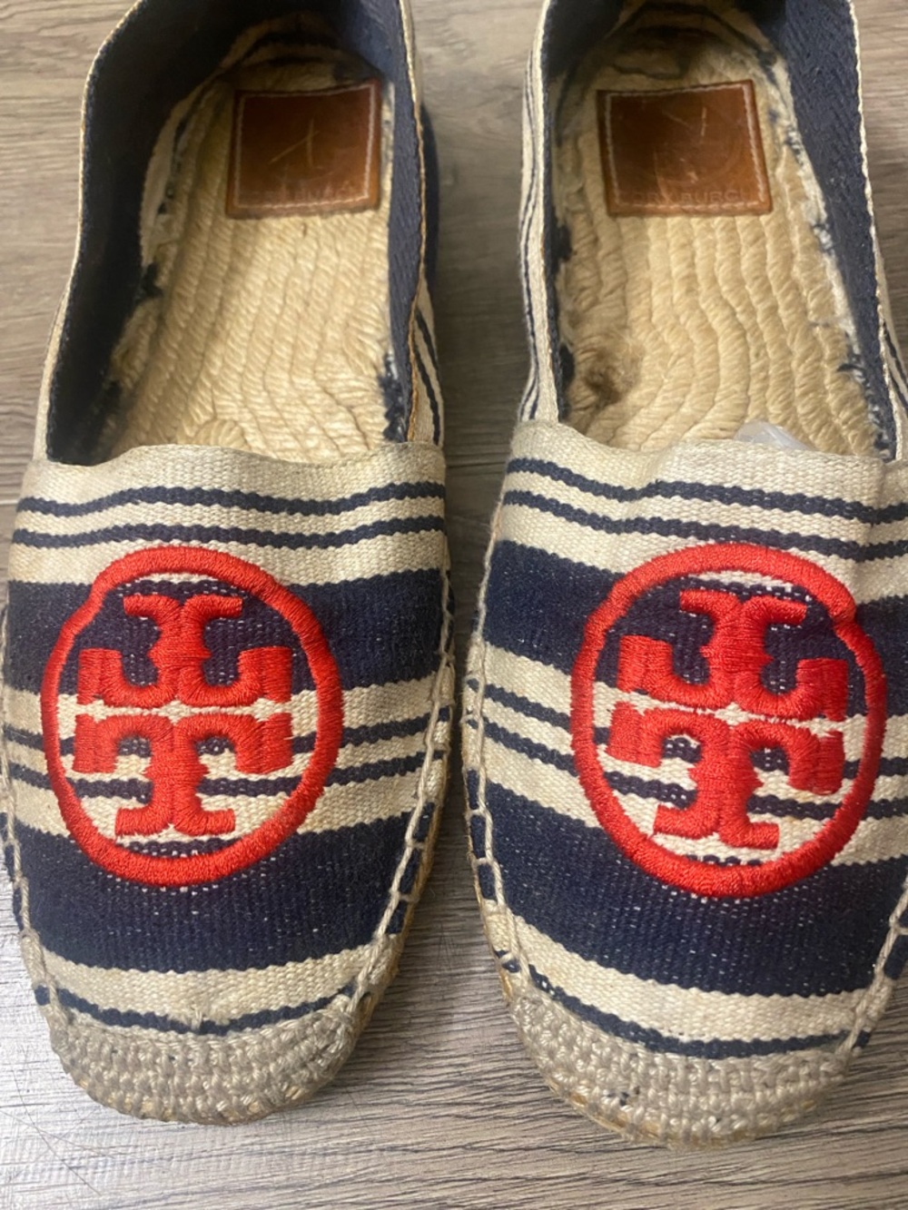 Tory Burch Navy and Cream Striped Espadrille Flats with Red Logo